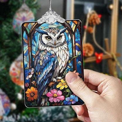 Owl and Wildflowers Stained Glass Ornament, 2025 Christmas Tree Hanging Decoration for Gift Exchange or Stocking Stuffer, Holiday Decor, 3.8 x 2.4 Inch