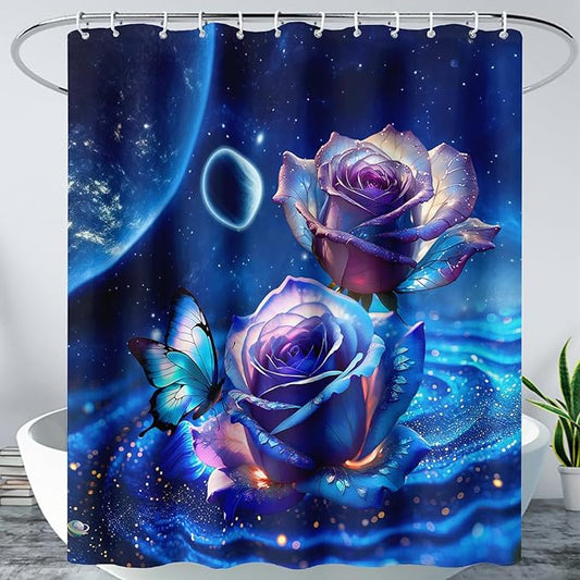 AILONEN Blue Rose Shower Curtain,Romantic Flower Bath Curtain for Girls Women,Blue Galaxy Starry Rose Floral Curtain for Bathroom Decor 60" W*72" H,Waterproof with 12 Plastic Hooks