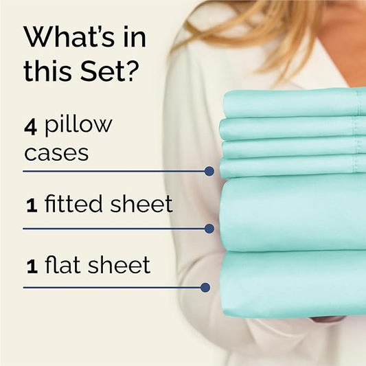 CGK Linens King 6 Piece Sheet Set - Cooling Sheets for Hot Sleepers - Hotel Luxury Bedding Set w/ 8-16 Inch Deep Pockets - 1 Flat & 1 Fitted & 4 Pillowcases - Soft, Comfy and Wrinkle Free - Spa Blue
