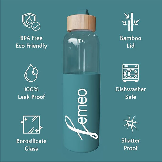 Femeo® Glass Water Bottle for Women | Eco, Yoga & Gym Friendly, 18oz | 100% Leakproof, BPA-Free, Dishwasher Safe, Borosilicate Drinking Glass Bamboo Sports Cap Teal