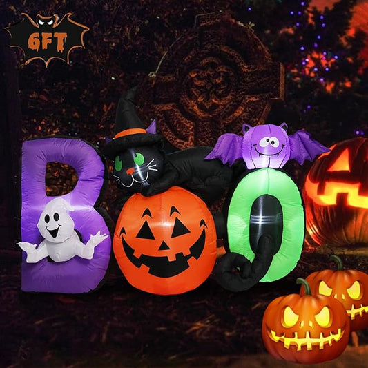 6 FT Long Halloween Inflatable Boo Black Cat with Pumpkin and Ghost Outdoor Decoration, Holiday Decorations Built-in White LED Light Blow Up Halloween Decorations for Yard, Garden, Lawn,Holiday, Party