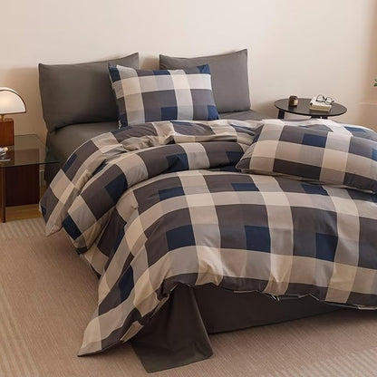 Cottonight Checkered Navy Comforter Set King Men Gingham Grid Bedding Set Navy and Khaki Grid Comforter Fluffy Soft Blanket Quilts Modern Cottagecore Comforter with 2 Pillowcases for King Bed