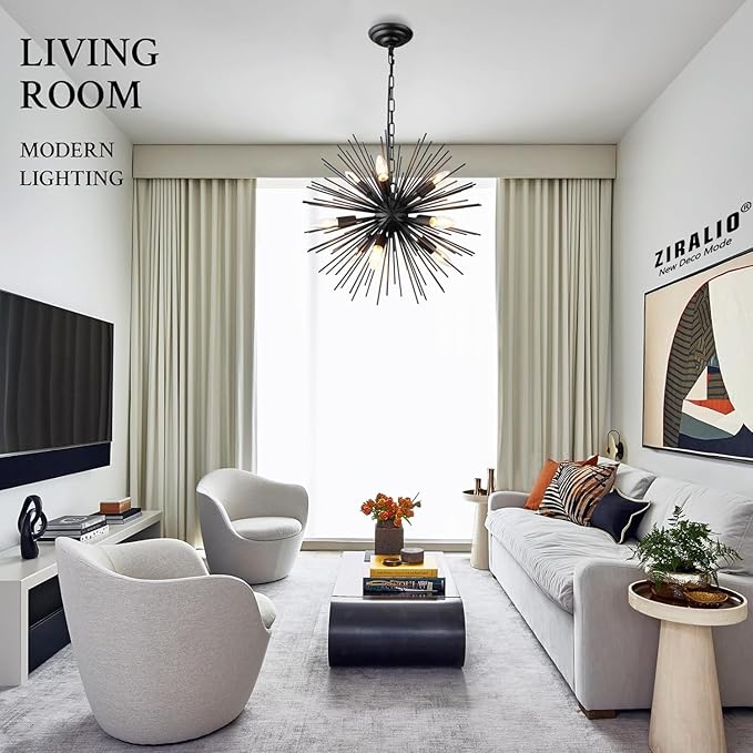 20" Black Sputnik Chandelier Vintage 9-Light Geometric Starburst Chandelier Light Fixture Farmhouse Solid Metal Black Sputnik Chandeliers for Dining Room, Kitchen, Bedroom, Living Room