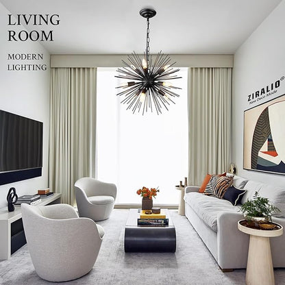 20" Black Sputnik Chandelier Vintage 9-Light Geometric Starburst Chandelier Light Fixture Farmhouse Solid Metal Black Sputnik Chandeliers for Dining Room, Kitchen, Bedroom, Living Room