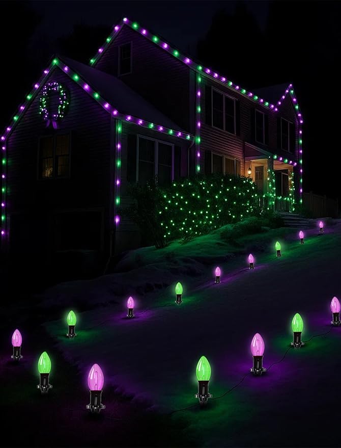 Halloween Stake Lights, 10PK C9 LED Pathway Lights with Purple & Green Bulbs, 19.5ft Outdoor Walkway Lights, Waterproof, Extendable Yard, Driveway, Porch & Garden Halloween Decorations