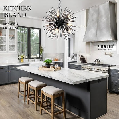 20" Black Sputnik Chandelier Vintage 9-Light Geometric Starburst Chandelier Light Fixture Farmhouse Solid Metal Black Sputnik Chandeliers for Dining Room, Kitchen, Bedroom, Living Room