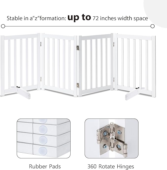 LZRS Solid Hardwood Freestanding Pet Gate, White, 30" Height-4 Panels, Dog, All Ages, Wood
