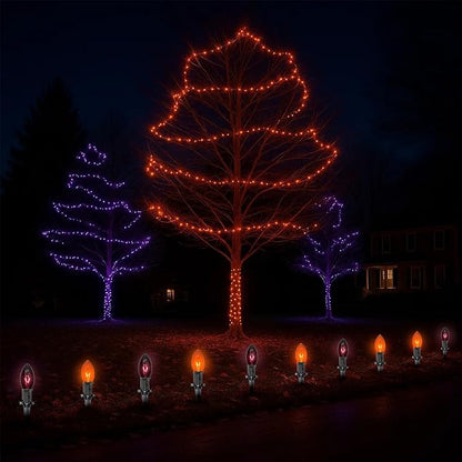 Halloween Pathway Lights Outdoor,10 Pack Halloween Party Decor Stake Lights with C9 Clear Black&Orange Bulbs,19.5Ft Extendable Waterproof Walkway Lights for Yard Porch Lawn Garden