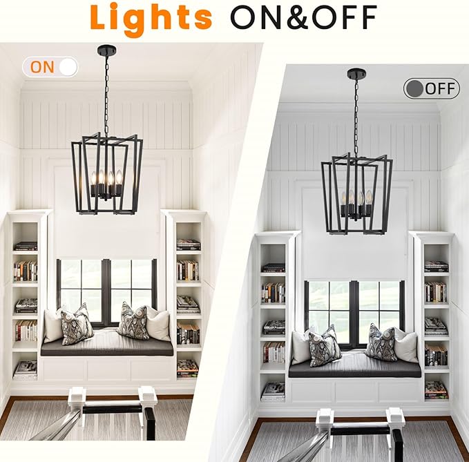 4-Light Black Chandelier, Farmhouse Lantern Pendant Light Lighting Fixtures, Industrial Ceiling Light, Adjustable Height Rustic Geometric Hanging Chandelier for Kitchen Island,Entryway,Foyer,E12 Base