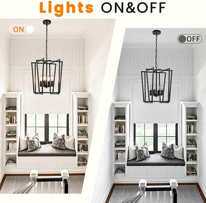 4-Light Black Chandelier, Farmhouse Lantern Pendant Light Lighting Fixtures, Industrial Ceiling Light, Adjustable Height Rustic Geometric Hanging Chandelier for Kitchen Island,Entryway,Foyer,E12 Base
