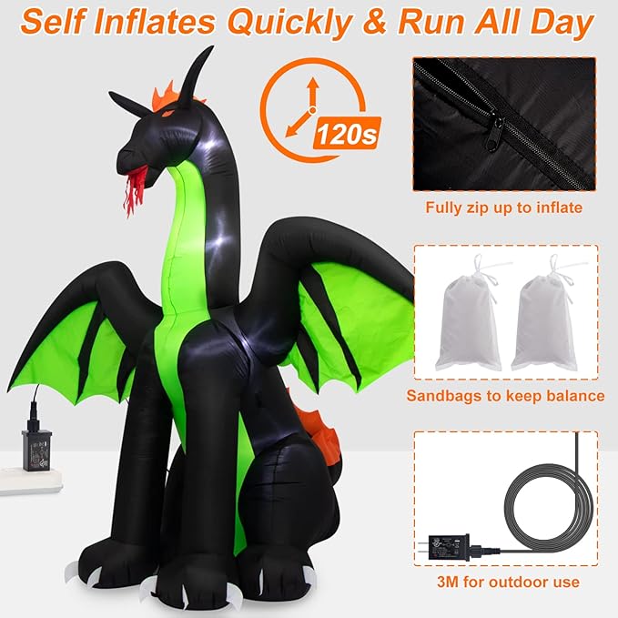 Halloween Inflatables 9FT Giant Inflatable Dragon Halloween Decorations with Wings, Built-in LEDs Halloween Blow Up Yard Decorations for Outdoor Indoor Party Garden Lawn Decor