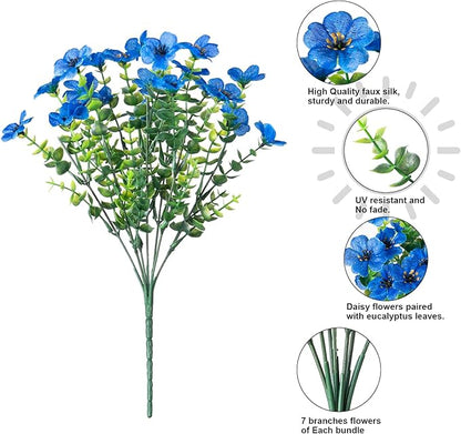 Artificial Fake Plants Flowers for Outdoor Outside Summer Decoration, 12 Bundles Faux Silk Blue Daisy UV Resistant Look Real for Porch Patio Home Yard Garden Planter