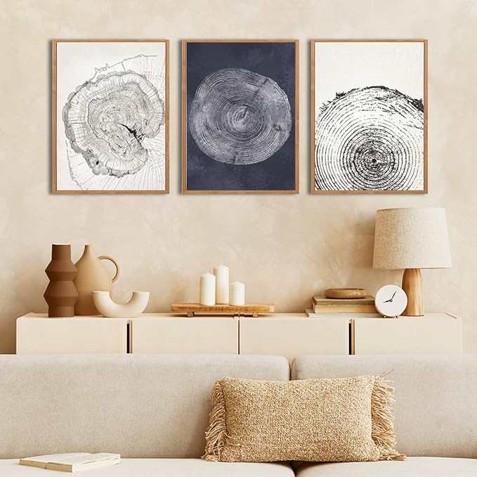 IARTTOP Framed Tree Ring Wall Art Modern Neutral Wood Stump Wall Decor Abstract Tree Spiral Wall Decor For Living Room Bedroom Office12 x16 Inch Set Of 3