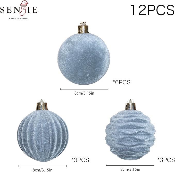 3.15inch Dusty Blue Velvet Christmas Ornaments for Xmas Tree, 12 pcs Flocked Christmas Balls Set Assortment for Holiday Decor