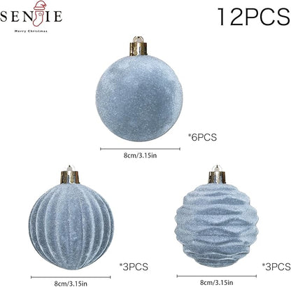 3.15inch Dusty Blue Velvet Christmas Ornaments for Xmas Tree, 12 pcs Flocked Christmas Balls Set Assortment for Holiday Decor