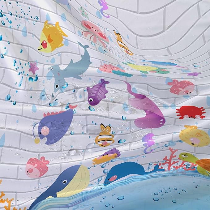 AILONEN Cute Fish Shower Curtain for Kids 60" W*72" H Inch,Raining Marine Animal Playing Water Shower Curtains,12 Pack Hooks Polyester Waterproof Fabric Decor for Bathroom Bathtub Panels