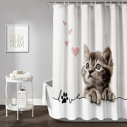 AILONEN 3D Kawaii Cat Shower Curtain, Fuzzy Ball Kitten Shower Curtain for Kids Girls Boys Bathroom Decor,Cute Pet Cat Lover Waterproof Shower Curtains Sets with Hooks,72" W*78" H