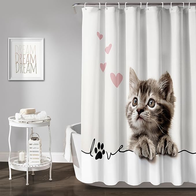 AILONEN 3D Kawaii Cat Shower Curtain, Fuzzy Ball Kitten Shower Curtain for Kids Girls Boys Bathroom Decor,Cute Pet Cat Lover Waterproof Shower Curtains Sets with Hooks,72" W*96" H