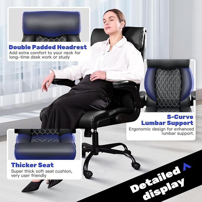 Office Chair, High Back Executive Office Chair Ergonomic Computer Desk Chair with Rocking Function, Leather Managerial with Adjustable Flip-Up Armrests and Lumbar Support