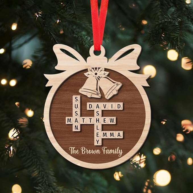 Custom Family Crossword Ornament, Personalized Wooden Christmas Decoration