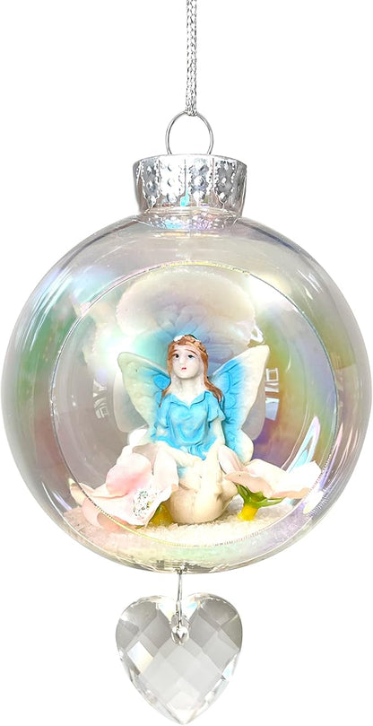 Blue Fairy Christmas Ornament - Handmade Shatterproof Decorations for Indoor Outdoor Xmas Tree - Clear Ball Ornaments with Magnetic Crystal - Great Gift or Stocking Stuffer for Mom, Sister, Friend