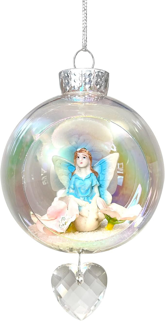 Blue Fairy Christmas Ornament - Handmade Shatterproof Decorations for Indoor Outdoor Xmas Tree - Clear Ball Ornaments with Magnetic Crystal - Great Gift or Stocking Stuffer for Mom, Sister, Friend