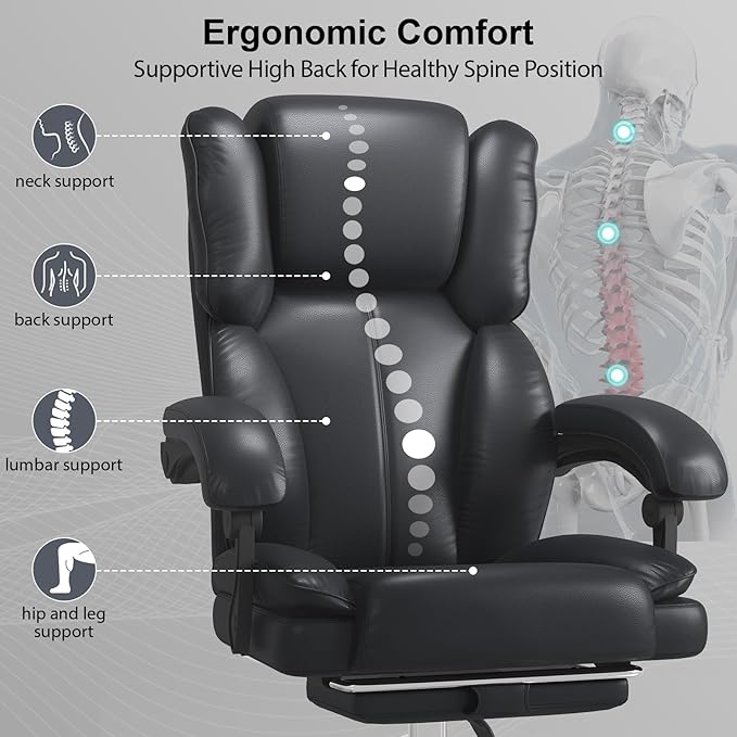Big and Tall Office Chair, Ergonomic Leather High Back Executive Computer Chair with Retractable Footrest, Adjustable Headrest, Padded Arms, 360°Swivel Free, 90-135°Reclining, 500lbs Wide Seat, Black