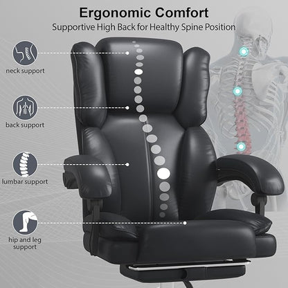 Big and Tall Office Chair, Ergonomic Leather High Back Executive Computer Chair with Retractable Footrest, Adjustable Headrest, Padded Arms, 360°Swivel Free, 90-135°Reclining, 500lbs Wide Seat, Black