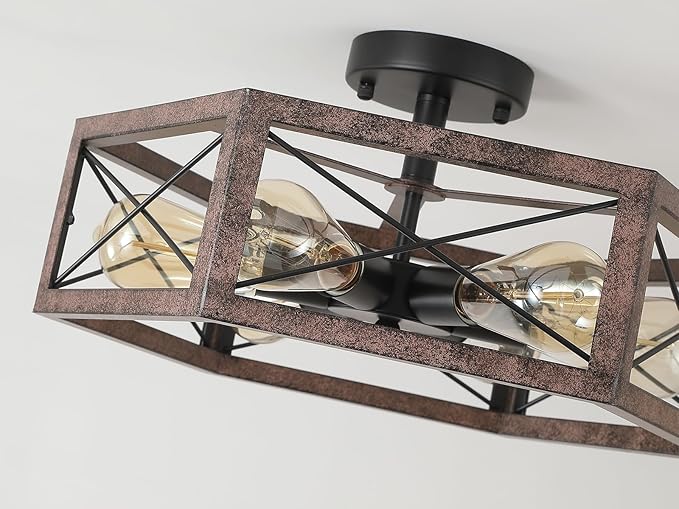 6-Light Large Rustic Farmhouse Metal Flush Mount Ceiling Light Fixture 18 inch Antique Oak Hexagon Cage Semi Flush Mount Ceiling Light for Hallway Entry Dining Farmhouse Bedroom Living Room, Black