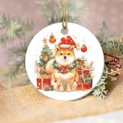 Merry Christmas Ornaments Shiba Inu Round Ceramic Colorful Hanging Ornament Christmas Keepsake Decor for Xmas Tree Winter Holiday Xmas Gift for Women Men 3"