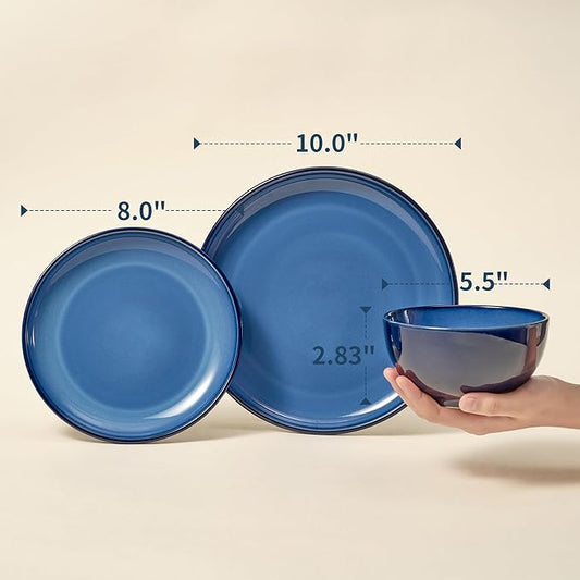 Blue Stoneware Dinnerware Set, 12 pcs Reactive Glaze Plates and Bowls Sets, Handmade Round Dishes Set for 4, Highly Chip and Crack Resistant Modern Plate Set
