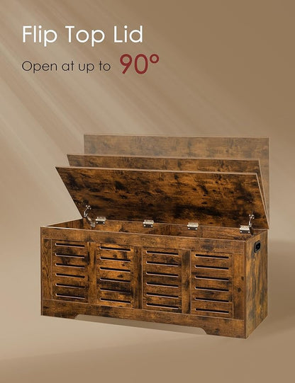 DINZI LVJ Storage Chest, 47.3” Wooden Toy Box with 2 Safety Hinges, Retro Entryway Shoe Storage Bench with Flip-Top, Sturdy Large Storage Trunk for Living Room, Bedroom, Easy Assembly, Rustic Brown