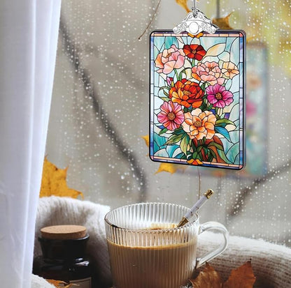 Floral Stained Glass Ornament, 2025 Christmas Tree Hanging Decoration for Gift Exchange or Stocking Stuffer, Holiday Bloom Decor, 3.8 x 2.4 Inch