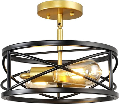 Semi Flush Mount Ceiling Light Fixtures, 2-Light Modern Kitchen Ceiling Light Farmhouse Industrial Sloped Ceiling Lighting with for Metal Drum Cage Hallway Bedroom Stair, Black and Gold