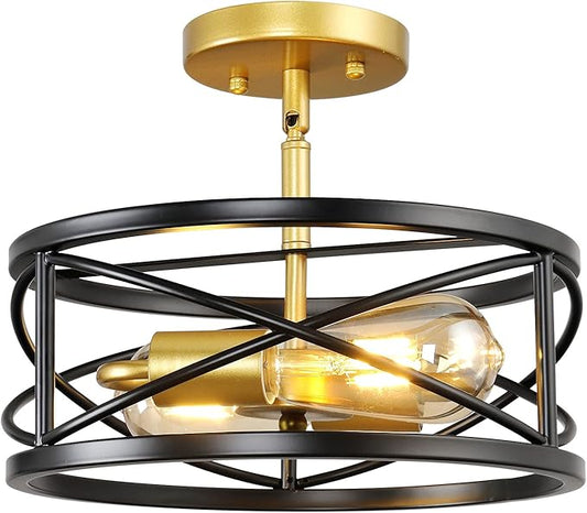 Semi Flush Mount Ceiling Light Fixtures, 2-Light Modern Kitchen Ceiling Light Farmhouse Industrial Sloped Ceiling Lighting with for Metal Drum Cage Hallway Bedroom Stair, Black and Gold
