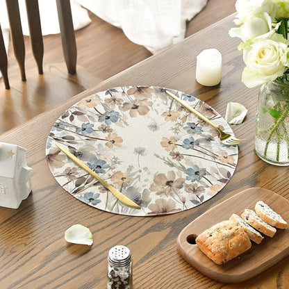 Artoid Mode Brown Poppy Floral Leaves Round Placemats Set of 4,15 Inch Seasonal Summer Table Mats for Party Kitchen Dining Decoration
