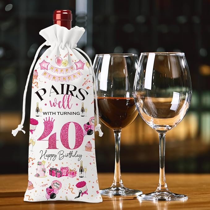 40th Birthday Gifts Women Men Wine Bag, 40 Year Old Birthday Gifts for Women Men, Happy 40th Birthday Party Decorations Woman Man, Pairs Well with Turning 40 Wine Bags (White Pink)