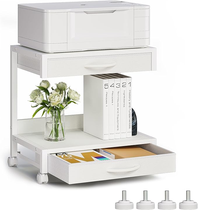 2-Tier Desktop Printer Stand with 2 Fabric Drawers, Prtiner Table with Storage Shelf, Desk Organizer for Home Office,3D Printer,Fax Machine,Scanner (White, 2 Tier)