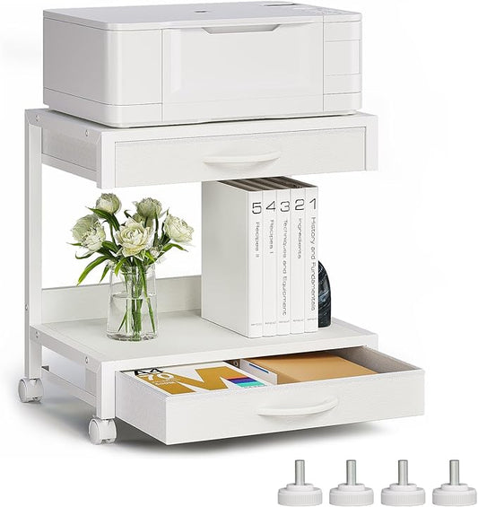 2-Tier Desktop Printer Stand with 2 Fabric Drawers, Prtiner Table with Storage Shelf, Desk Organizer for Home Office,3D Printer,Fax Machine,Scanner (White, 2 Tier)
