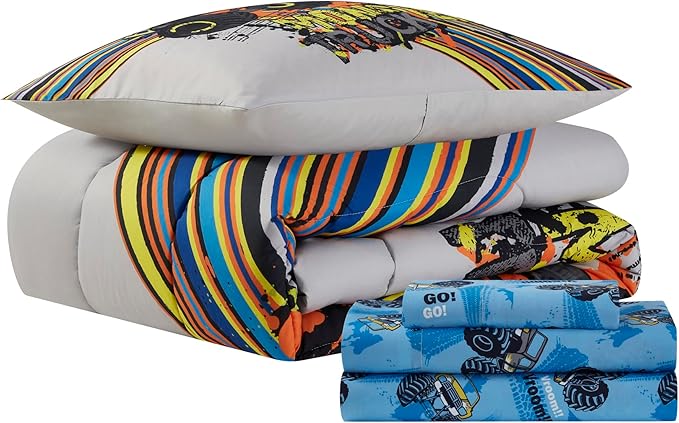 Kids Bedding Set Bed in a Bag for Boys and Girls Toddlers Printed Sheet Set and Comforter, Twin, Monster Truck