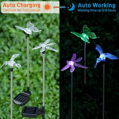 Solar Pathway Lights - 3 Pack Solar Stake Lights Outdoor, Color Changing Solar Powered Halloween Decorative Landscape Lighting Hummingbird Butterfly Dragonfly for Patio Yard Pathway Lawn Walkway