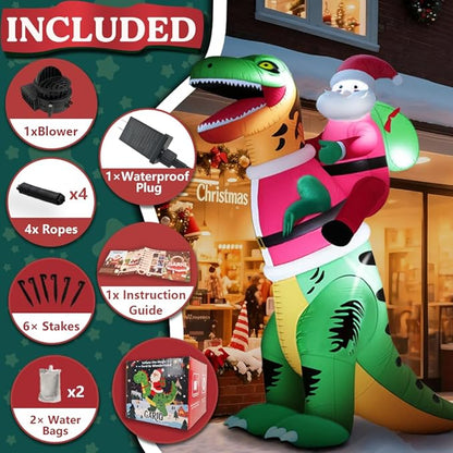 GARIG 9FT Christmas Inflatables Dinosaur and Santa Claus Outdoor Decorations, Christmas Blow Up Yard Decorations with Built-in LEDs for Xmax Outdoor Party, Yard, Garden
