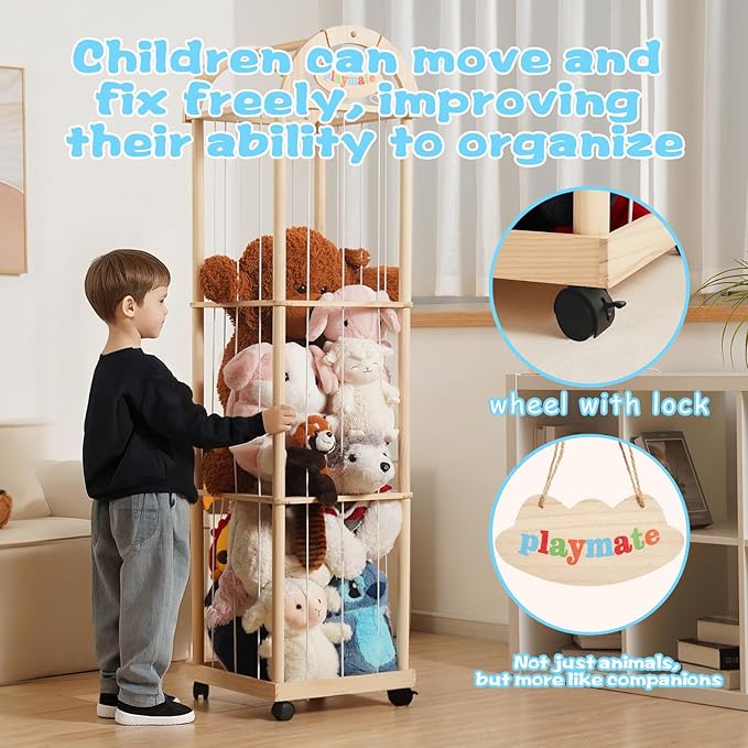 Stuffed Animal Storage & Organizer, 61" High Wooden Zoo Toy Holder for Toddler Rooms, Playrooms & Bedrooms