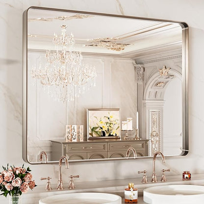 LOAAO 40X24 Inch Brushed Nickel Bathroom Mirror, Rounded Rectangle Silver Metal Frame Mirror, Brushed Nickel, Anti-Rust, Hangs Horizontally or Vertically