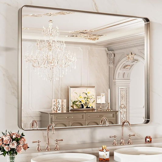 LOAAO 40X24 Inch Brushed Nickel Bathroom Mirror, Rounded Rectangle Silver Metal Frame Mirror, Brushed Nickel, Anti-Rust, Hangs Horizontally or Vertically