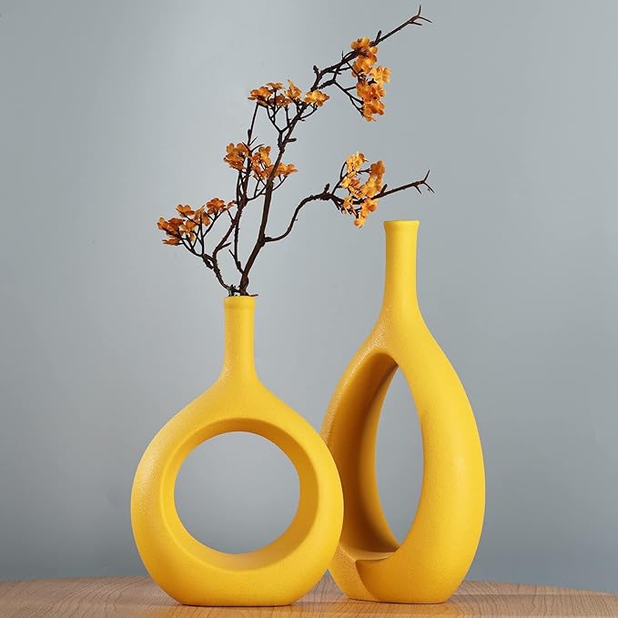 Yellow Ceramic Vase Set 2,Modern Hollow Circle with Hole Flower Vase for Home Decor,for Table Centerpieces,Farmhouse,Fire Place,Living Room,Bedroom,Office,Bookshelf,Rustic Decor