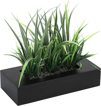 MyGift Artificial Green Grass Plants Potted in 9-inch Matte Black Wood Decorative Planter, Tabletop Faux Greenery in Wooden Rectangular Pot Centerpiece Décor