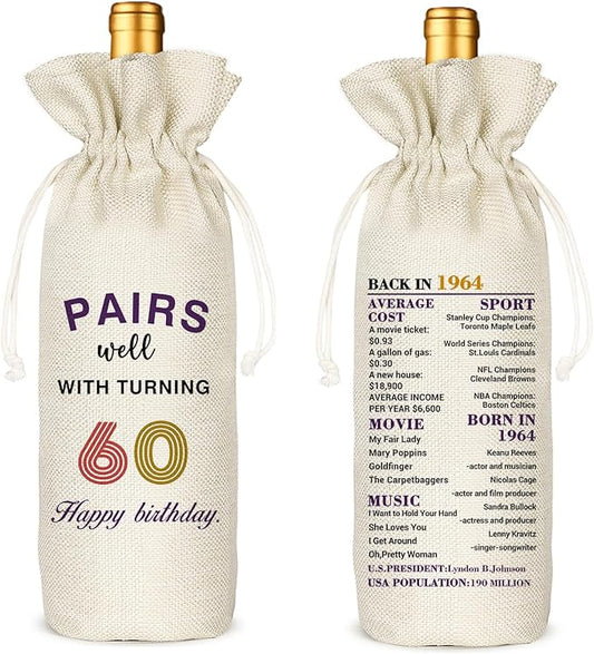 60th Birthday Gift for Women Men,60th Birthday Wine Bag,1964 Birthday Wine Bag,60 Years Old Birthday Party Decor Gift (60 BIRTHDAY)