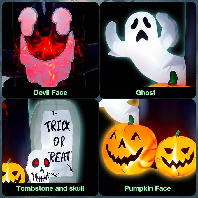 8FT Halloween Inflatables Decorations - Blow Up Yard Devil's Tree with Ghost, Pumpkin, Skull and Tombstone with Build-in LED & Flame Light for Halloween Party Garden Lawn Indoor Outdoor Decor