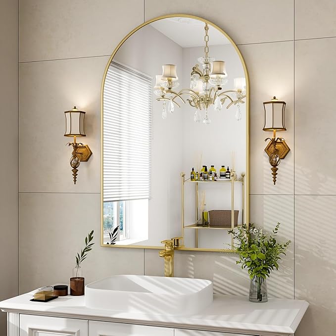 HARRITPURE 26" x 38" Arch Mirror Bathroom Wall Mounted Mirrors Gold Vanity Mirror with Metal Frame for Bedroom Living Room Entryway